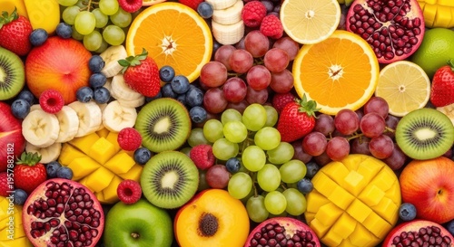 Vibrant Assortment of Fresh Tropical Citrus and Berry Fruits Arranged Together.