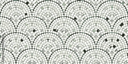 An elaborate mosaic pattern featuring repeating fan like designs