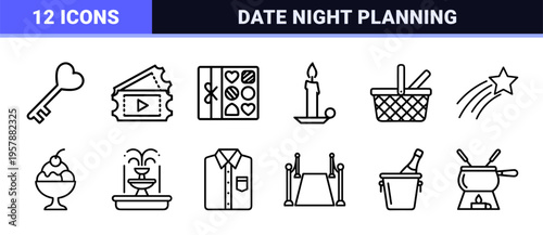 Romantic Date Night and Anniversary Celebration Line Art: Minimalist Geometric Outline Symbols for High-End Event Planning and Lifestyle Apps.
