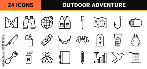Outdoor Trekking and Hiking Equipment Monoline Outline Icons featuring Camping Gear, Wilderness Exploration Tools, and Mountain Navigation Symbols.