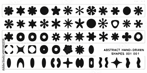 Collection of black abstract hand drawn shapes arranged in neat rows
