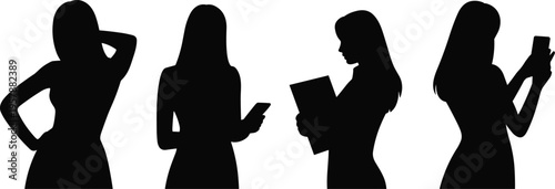 Silhouette women standing, smartphone usage, digital lifestyle, modern communication, female profiles, business posture, technology interaction, elegant poses, isolated black figures