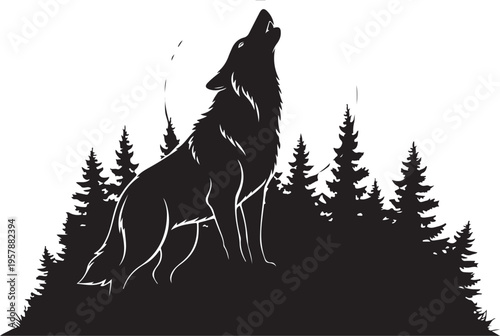 Wolf howling at night in forest with pine trees silhouette