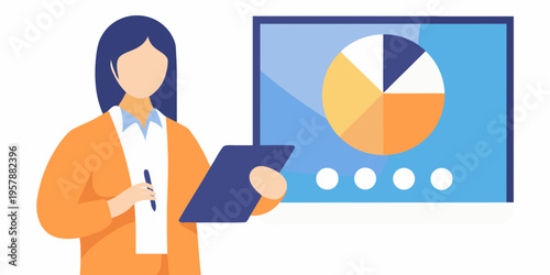 Businesswoman presenting data analysis with a pie chart and digital tablet