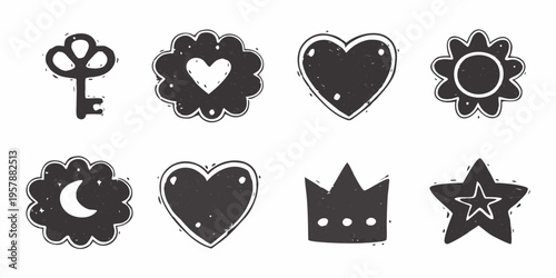 Collection of hand drawn black icons key hearts flowers and star shapes