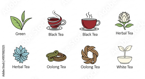 Variety of tea types and leaves illustrated in colorful flat style