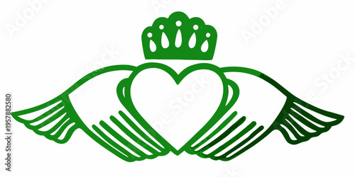 Green illustration of hands cradling a heart with a crown above