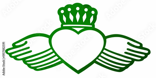 A vibrant green claddagh symbol featuring a heart hands and crown