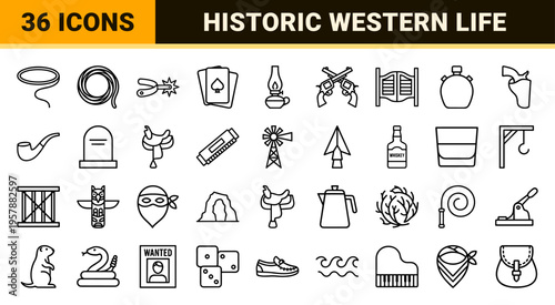 Wild West Frontier Life Minimalist Monoline Geometric Line Art Symbols for Commercial Design and Historical Digital Assets