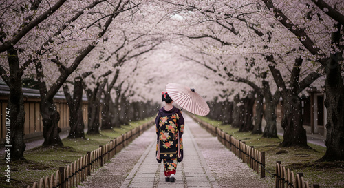 Elegant Kimono Figure Walking Along Cherry Blossom Avenue in Japan