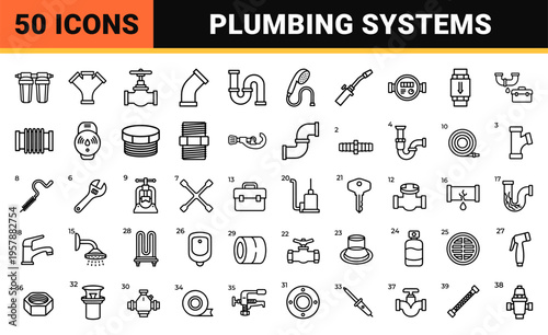 Plumbing Maintenance and Hydraulic Engineering System Line Art Icons Featuring Minimalist Pipe Fittings, Valves, and Professional Repair Tools.