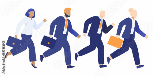 Diverse business people rushing forward with briefcases in a stylized illustration
