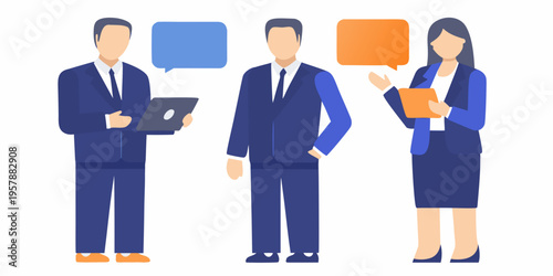 Business team discussing ideas with speech bubbles and digital devices