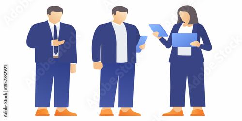 Three business professionals in a flat vector illustration style