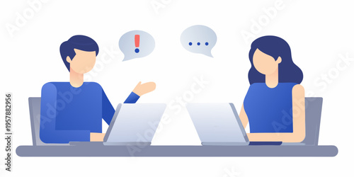 Two people discussing work on laptops with speech bubbles above them