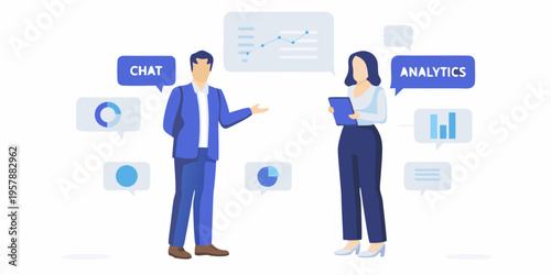 Business professionals discussing data analytics and communication strategies