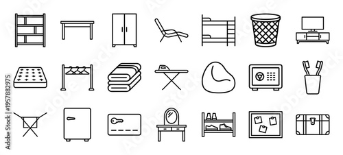 Dormitory and Student Housing Furniture Monoline Symbols for Interior Planning and Facility Management. Minimalist Geometric Line Art Style.