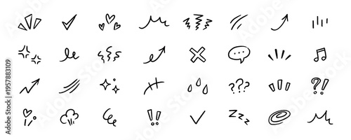 Line element movement hand drawn set. Line doodle sketch hand drawn movement effect icon pencil brush chalk stroke. Cute comic manga emoji emotion stars sparkle heart expression. Vector illustration