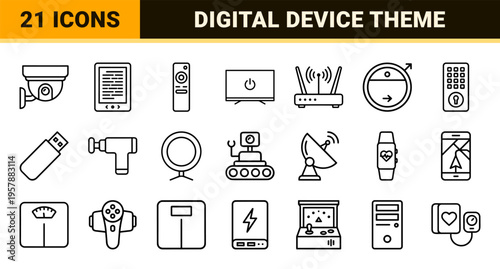 Technical Hardware and Consumer Electronics Device Outline Symbols for Interface Design featuring Geometric Monoline Aesthetics and Visual Economy