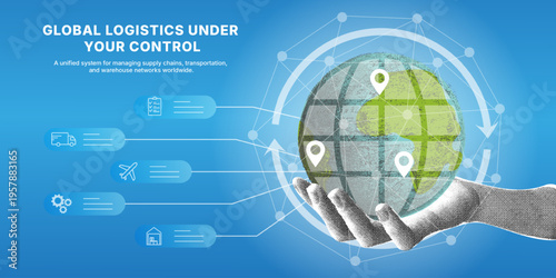 A hand holding a digital globe with logistics network icons. Trendy halftone collage. Global supply chain management and transportation infrastructure system. Delivery and distribution technologies