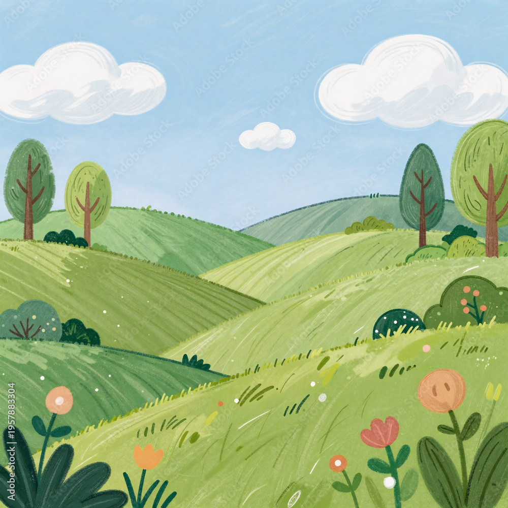 Naklejka premium Art Deco Landscape Kids. A Hand-Drawn, Whimsical Landscape Of A Green Hillside With The Sky In A Cartoon Doodle Style, Suitable For Children'S Books