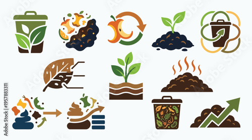Collection of icons representing composting, organic waste recycling, and soil enrichment for sustainable gardening and environmental care.
