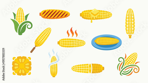 A vibrant collection of stylized illustrations showcasing various forms of corn on the cob, including grilled, buttered, and steaming varieties, presented in a clean, graphic style.