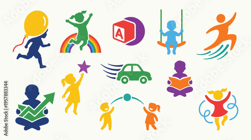 Collection of colorful vector icons depicting children engaged in various activities like playing, learning, and sports, symbolizing childhood development and education.