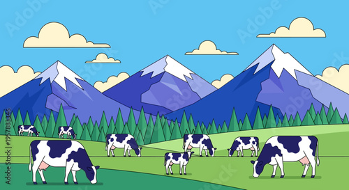 Cow Herd Grazing in Alpine Mountain Meadow Illustration