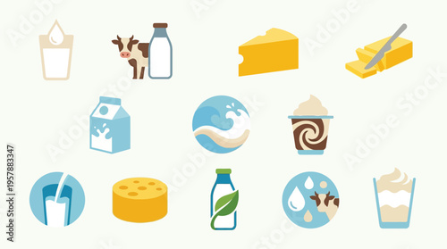 A vibrant collection of dairy products and related imagery, including milk, cheese, butter, yogurt, and stylized representations of milk production and consumption.