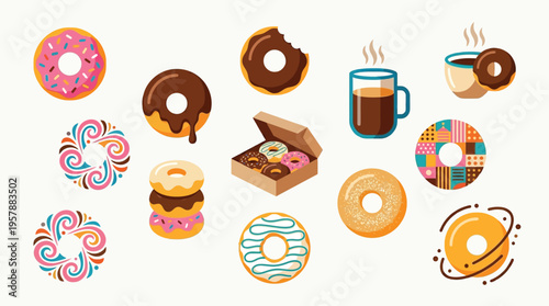 A vibrant collection of assorted donuts and hot beverages, showcasing a variety of flavors, toppings, and artistic designs, perfect for a sweet treat.
