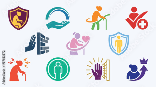 Collection of diverse icons representing senior care, protection, support, and well-being for the elderly population.