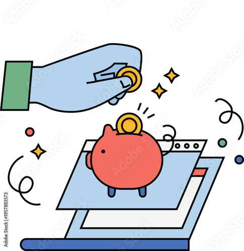 A hand depositing a coin into a digital piggy bank on a laptop screen