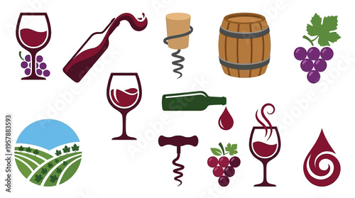 Collection of wine-related icons including glasses, bottles, grapes, corkscrews, and a barrel, set against a vineyard landscape.