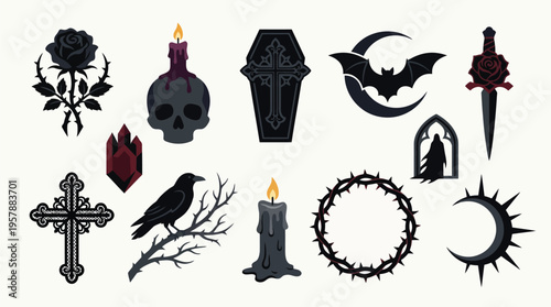 A collection of gothic and occult-themed graphic elements, including a black rose, skull candle, coffin, bat, dagger, and various crosses and celestial symbols.