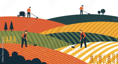 Flat Vector Illustration of Farmers Working in Agricultural Fields on Rolling Hills, Sustainable Organic Farming Concept