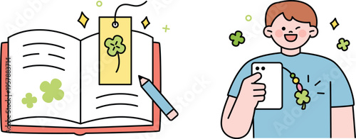 A cheerful student blends traditional reading with modern digital learning