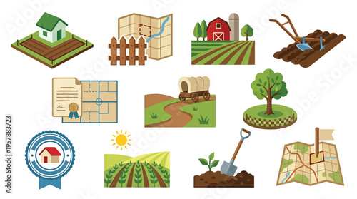 Collection of isometric icons representing farming, land ownership, and rural life, including houses, fields, maps, and historical elements.