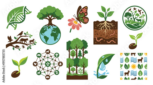 A vibrant collection of ecological and nature-themed icons, showcasing biodiversity, growth, and environmental concepts.