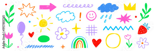Crayon line icon pastel set. Crayon line icon hand drawn pencil pastel color brush chalk scribble texture. Cute kid children rainbow heart star sun cloud flower baby smile. Vector illustration
