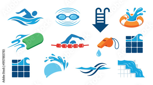 Collection of swimming and water sport icons, including swimmers, goggles, pool ladders, lifebuoys, kickboards, lane ropes, whistles, and water splashes.