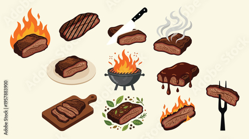 A vibrant collection of illustrations showcasing various preparations and presentations of grilled steak, from sizzling on open flames to being served with sauces and garnishes.