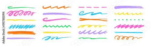 Line color brush crayon set. Underline brush crayon hand drawn pencil pen stroke marker color..Kid children doodle scribble wavy squiggle highlight texture grunge background. Vector illustration.