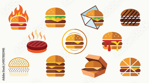 A vibrant collection of diverse hamburger illustrations, showcasing various styles and ingredients in a flat design aesthetic.