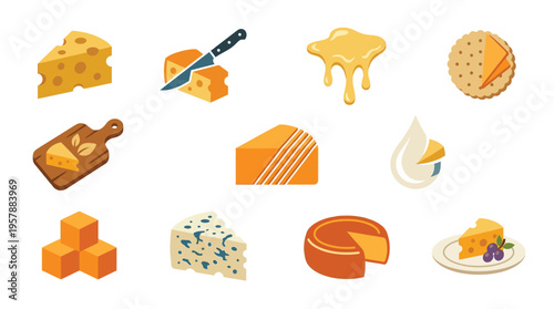 A vibrant collection of diverse cheese types and dairy products, showcasing various forms and preparations.