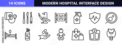 Medical Healthcare Line Art Essentials: Minimalist Monoline Geometric Symbols for Digital Health Apps and Clinical Interface Design.