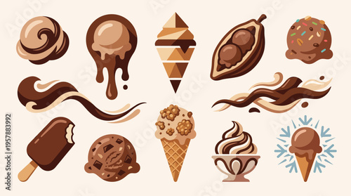A vibrant collection of various chocolate ice cream desserts and cocoa elements, showcasing different textures and forms.