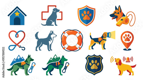 Collection of vector icons representing various dog-related services and professions, including police K9, search and rescue, veterinary care, and service animals.