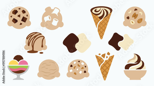 A delightful assortment of ice cream scoops, cones, and a sundae, showcasing various flavors and toppings in a charming illustration.