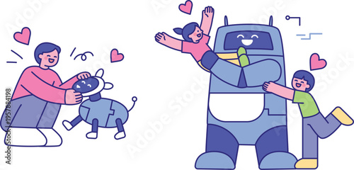 Joyful family moment with a friendly robot and pet